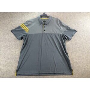 Adidas Golf Polo Mens XL Gray Yellow Colorblock 3-Stripe Performance Shirt